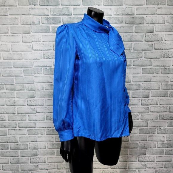 Vintage 70s Jonquil Womens Bright Blue Sheer Side Button Scarf Tie Collar Blouse - Picture 5 of 8